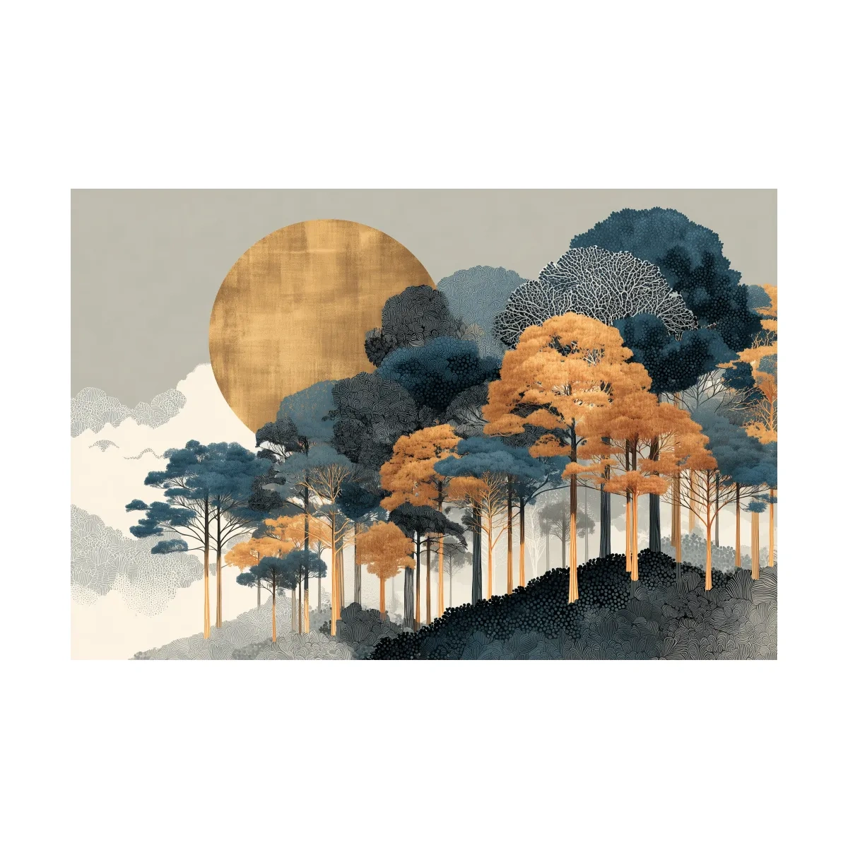Modern Chic Golden Sun Over Autumn Forest - Elegant Boho Landscape Wall Art