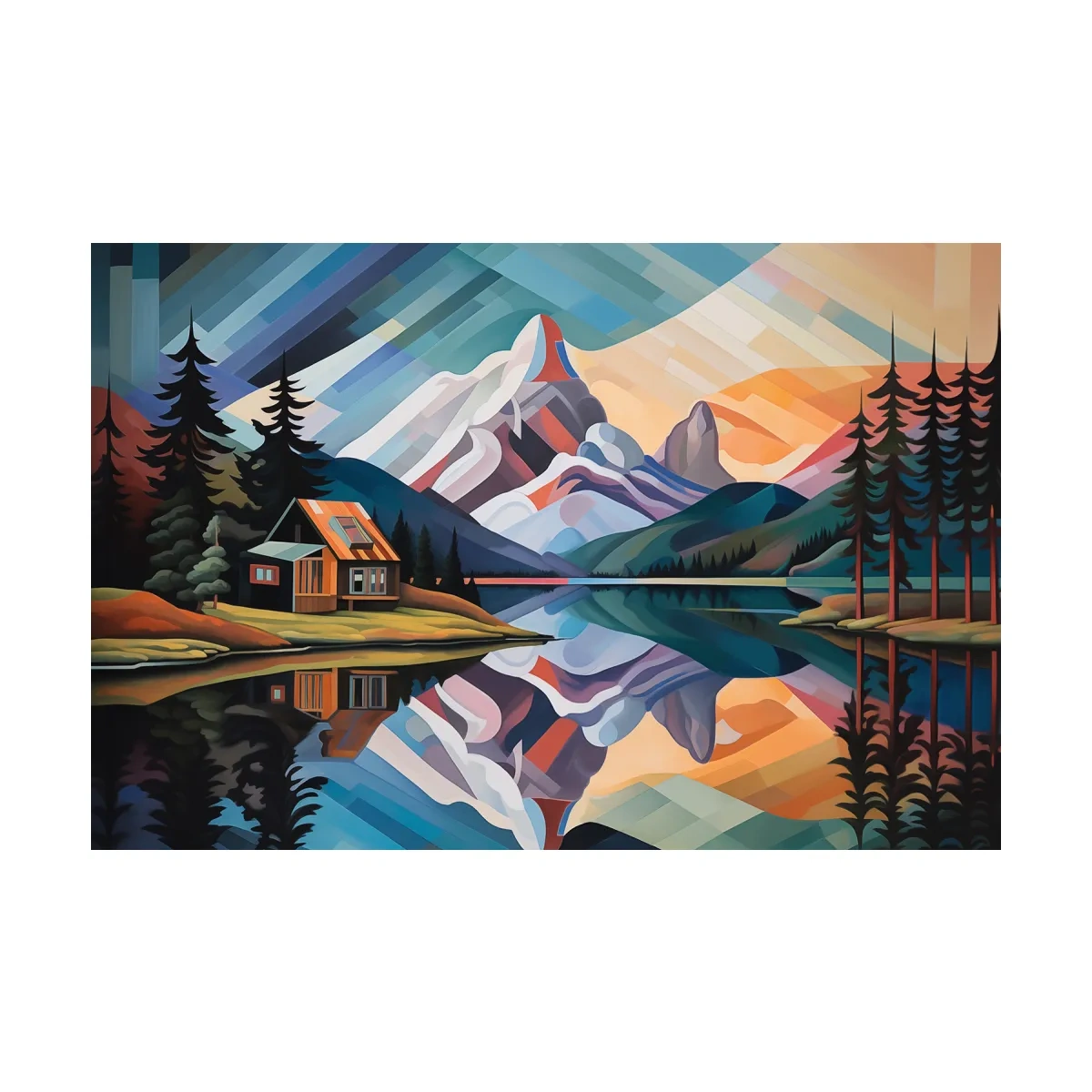 Mountain Cabin by the Lake Canvas Print - Abstract Oil Painting Sunset Wall Art