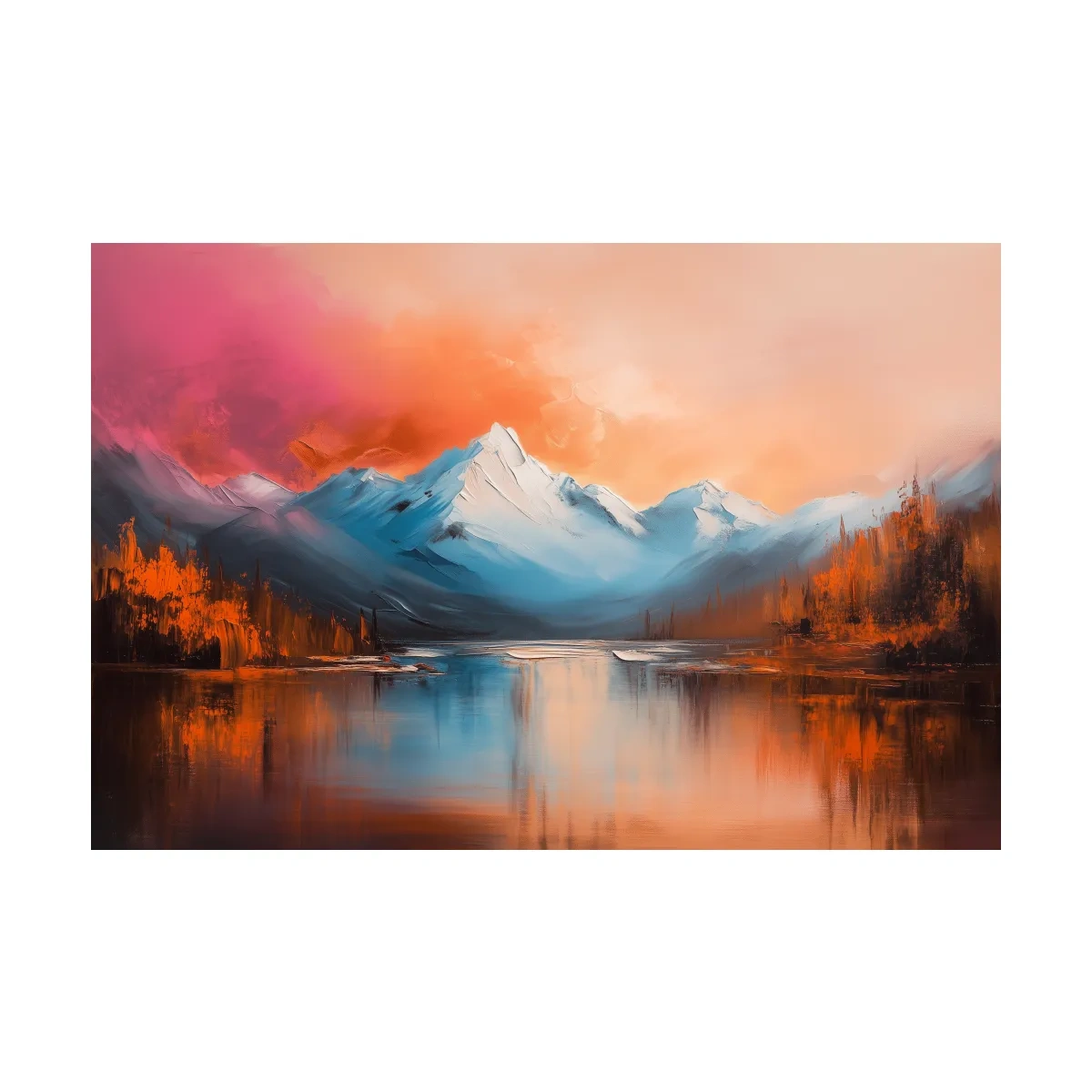 Textured Sunset Mountain Lake Painting - Serene Abstract Landscape Wall Art
