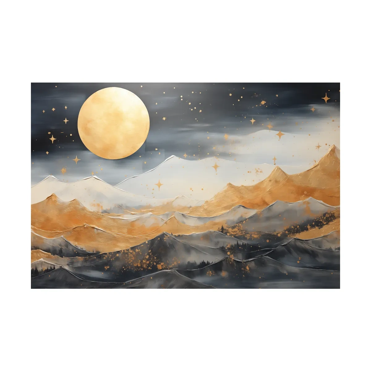Golden Moonlit Abstract Mountain Landscape - Modern Metallic Watercolor Wall Art
