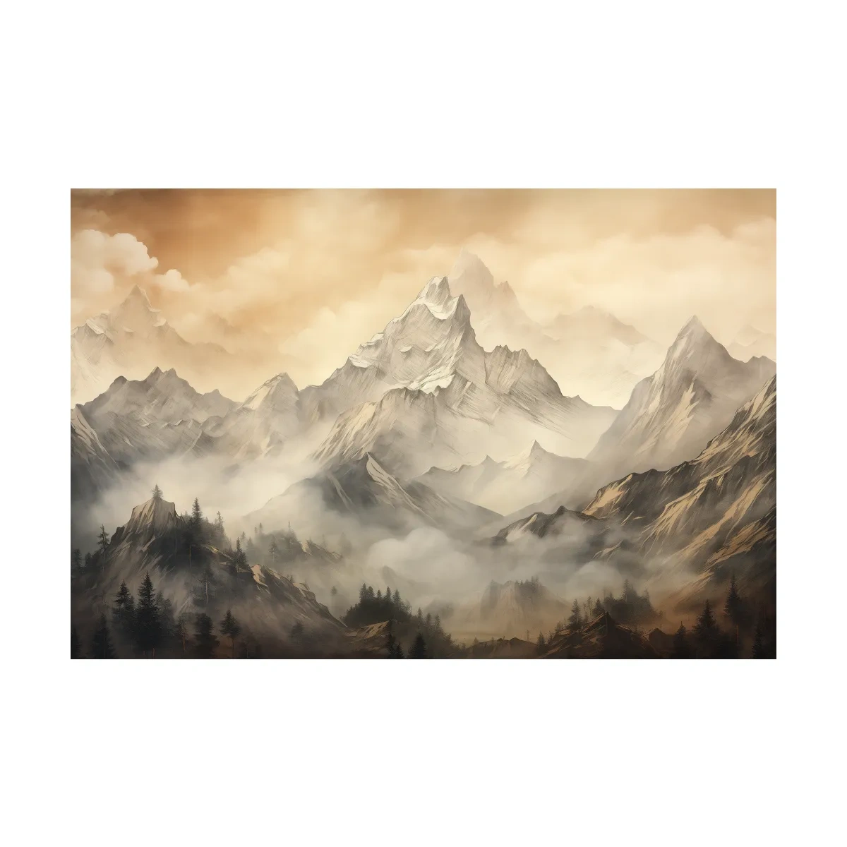 Moody Sepia Misty Mountain Peaks - Atmospheric Alpine Landscape Painting Wall Art