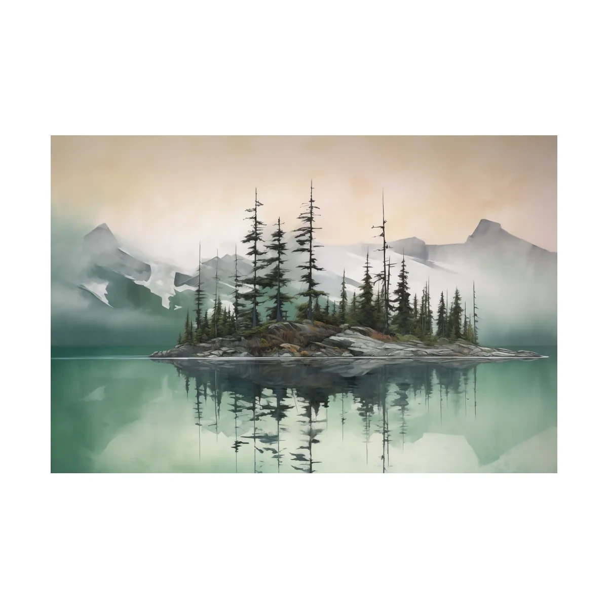 Misty Turquoise Alpine Lake Reflection - Serene Watercolor Mountain Landscape Wall Art