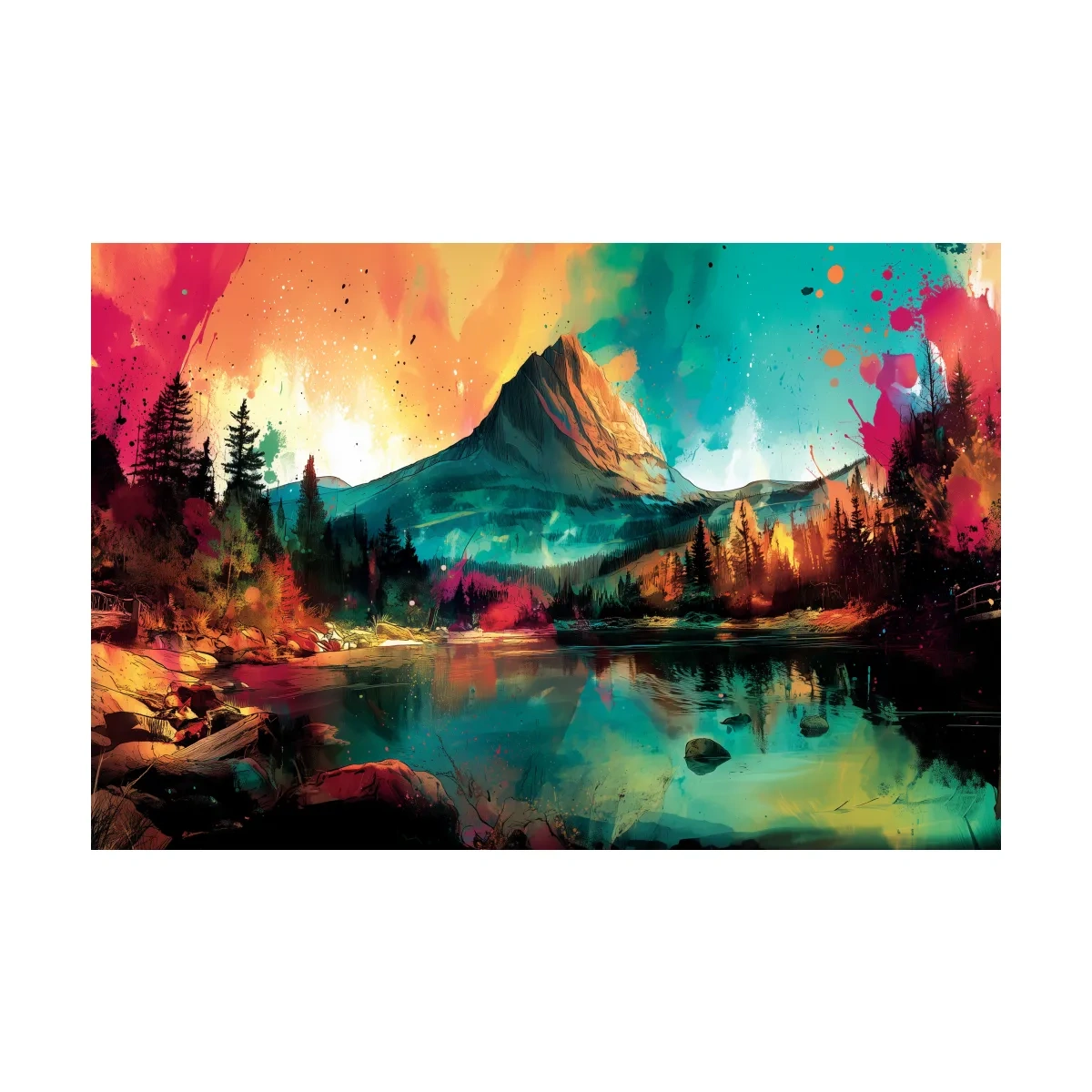 Vibrant Abstract Alpine Mountain Sunrise - Colorful Watercolor Style Artwork