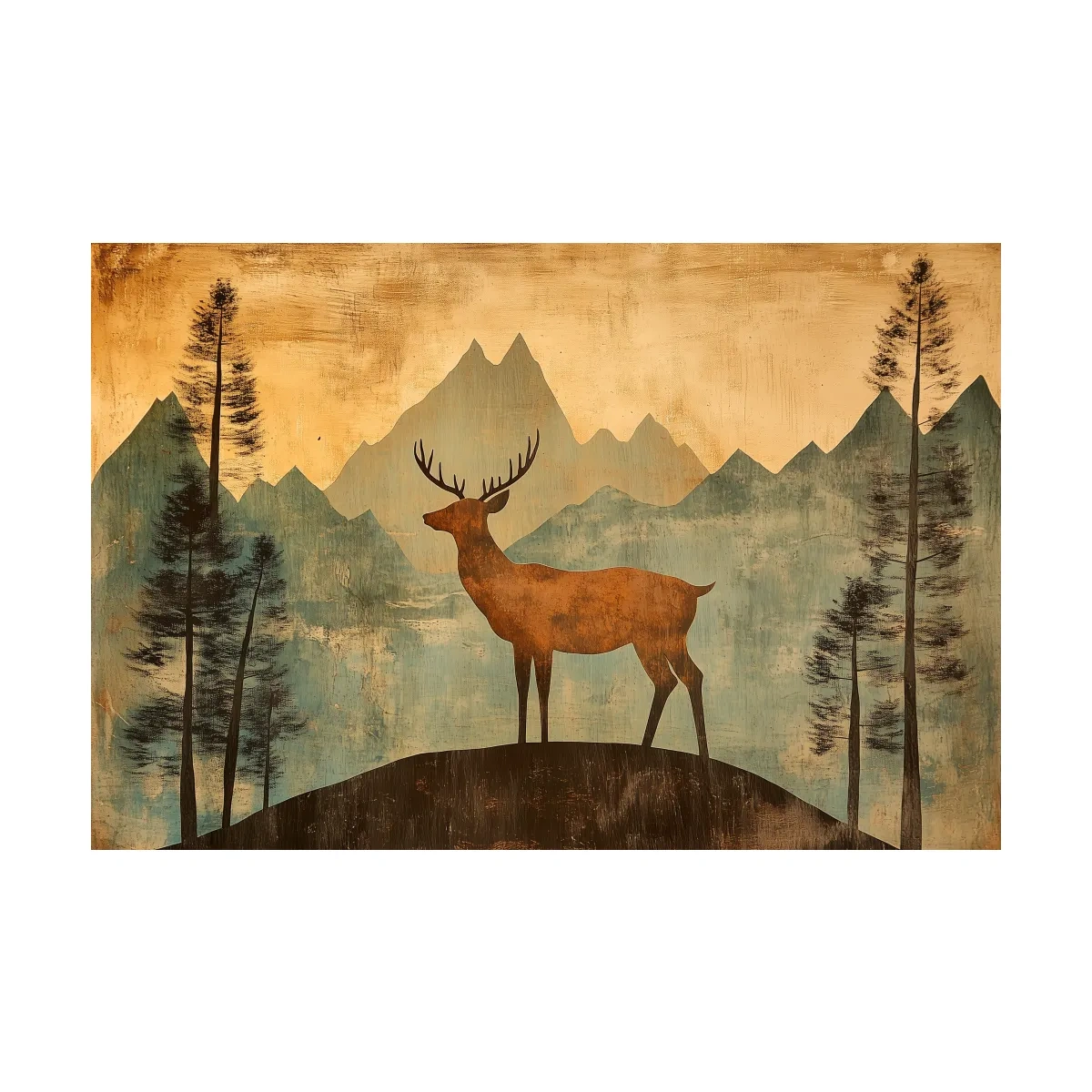 Rustic Deer Silhouette Mountain Landscape - Vintage Textured Woodland Wall Art