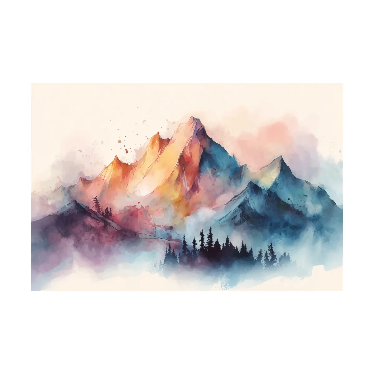 Vibrant Watercolor Mountain Peaks - Colorful Misty Alpine Forest Wall Art