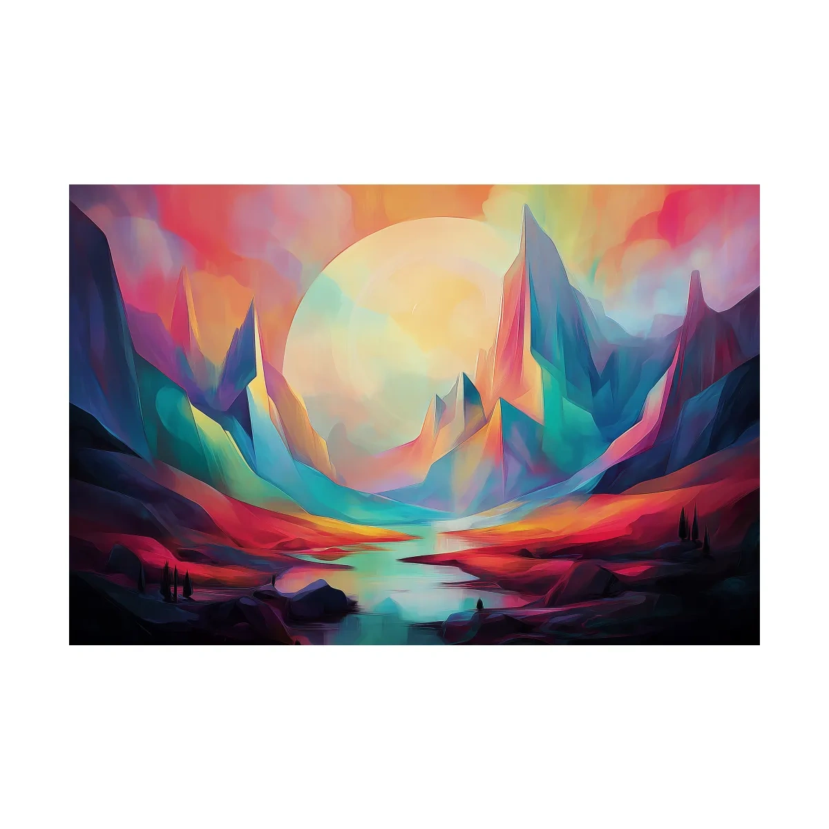 Vibrant Abstract Mountain Valley Sunset - Colorful Surreal Landscape Wall Art