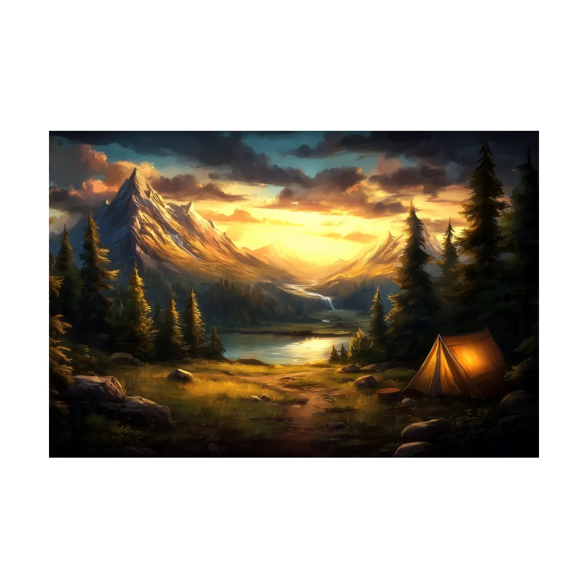 Golden Sunset Alpine Camping Scene Impressionist Painting - Scenic Mountain Wall Art
