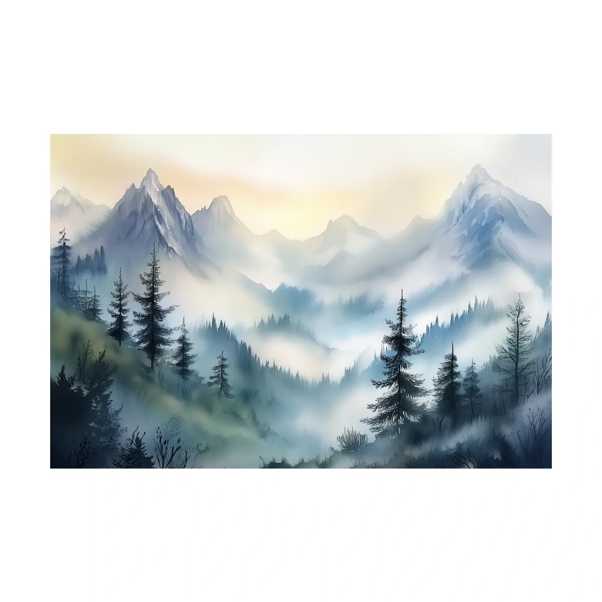 Chinese Ink Wash Watercolor Mountain Peaks - Foggy Alpine Wall Art