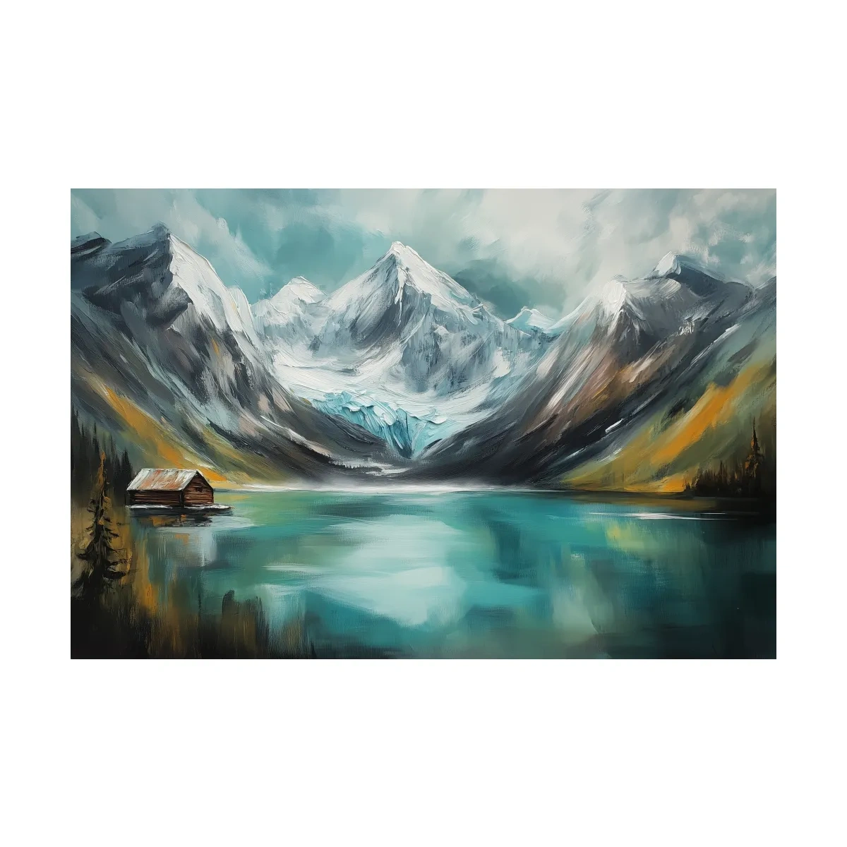 Turquoise Alpine Lake Cabin Painting - Snowy Mountain Landscape Wall Art