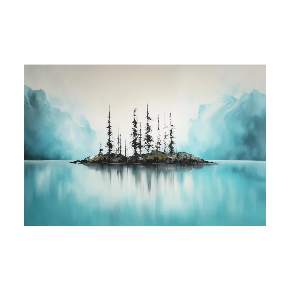 Misty Turquoise Mountain Lake Reflection - Minimalist Watercolor Landscape Wall Art