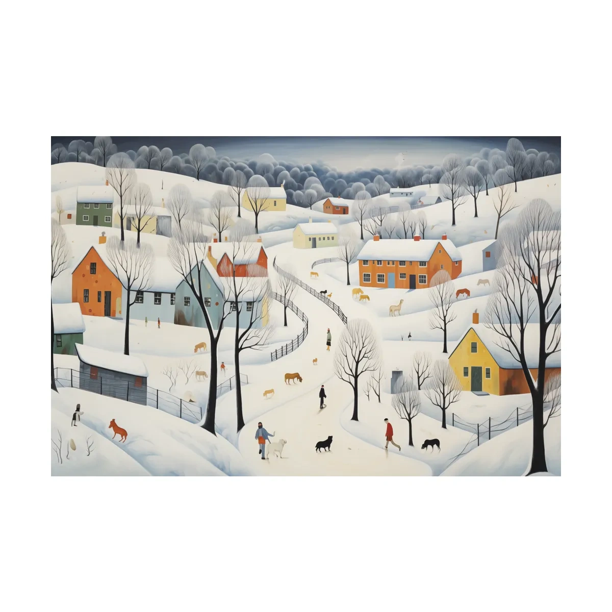 Whimsical Snowy Village Winter Landscape Painting - Folk Art Countryside Wall Art