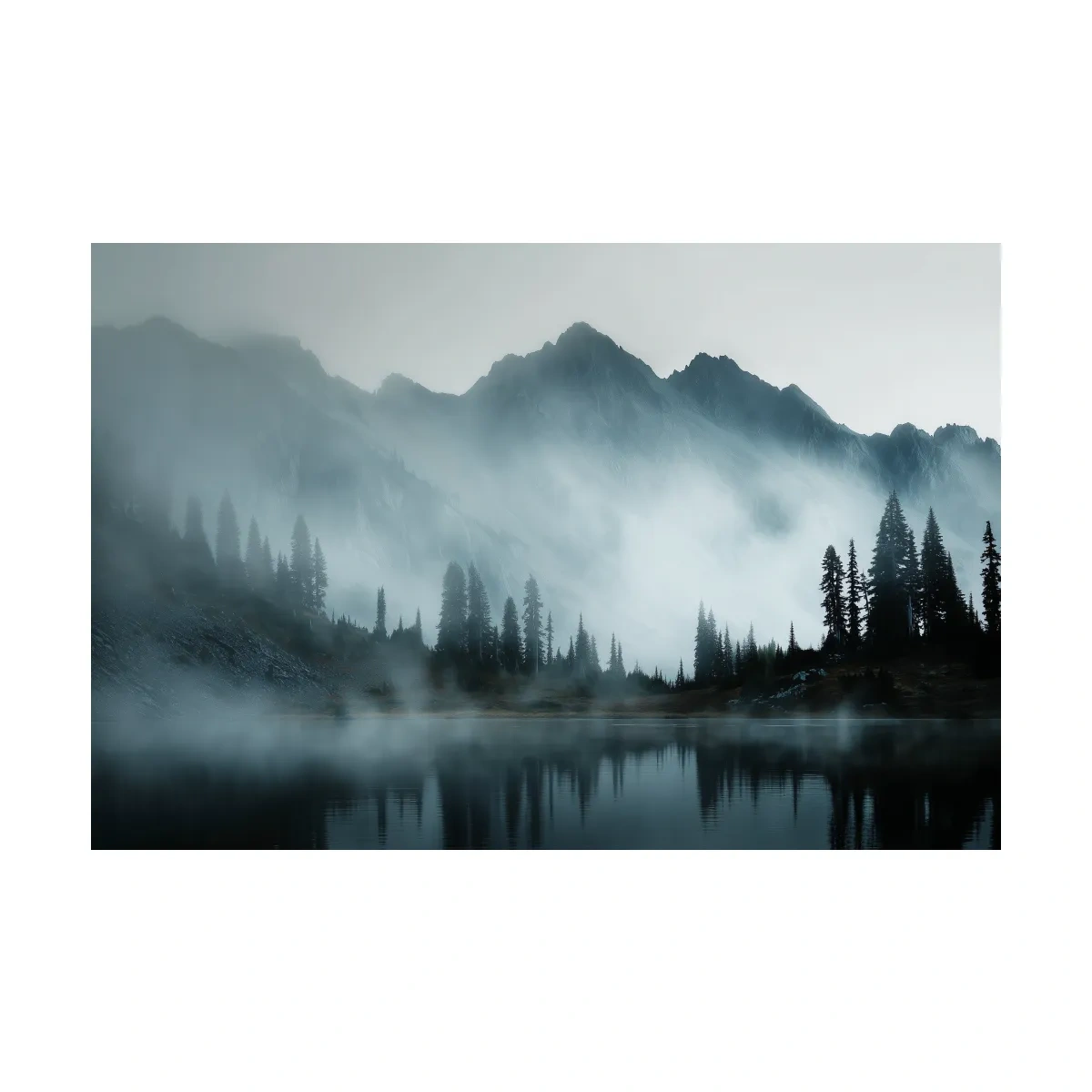 Moody Misty Mountain Lake Photography - Atmospheric Alpine Forest Wall Art