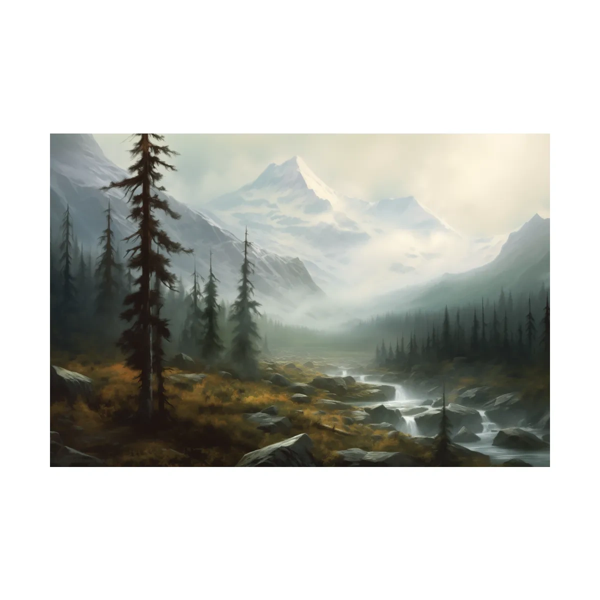 Misty Alpine Mountain Valley Painting - Foggy Evergreen Forest Wall Art