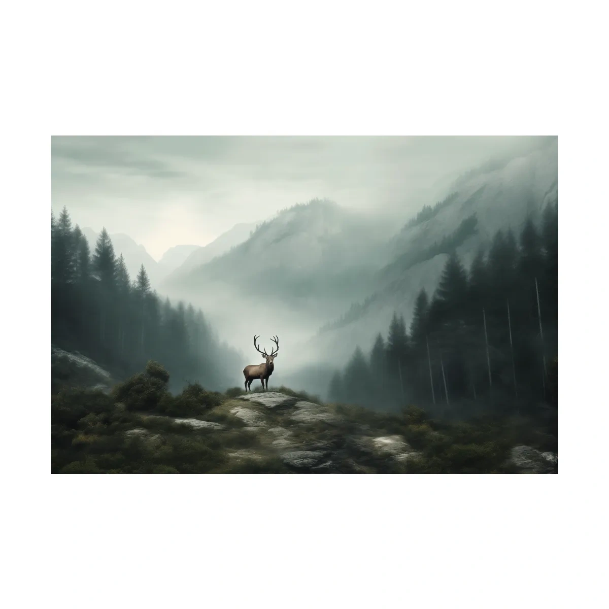 Moody Misty Mountain Deer Landscape - Atmospheric Forest Wildlife Wall Art