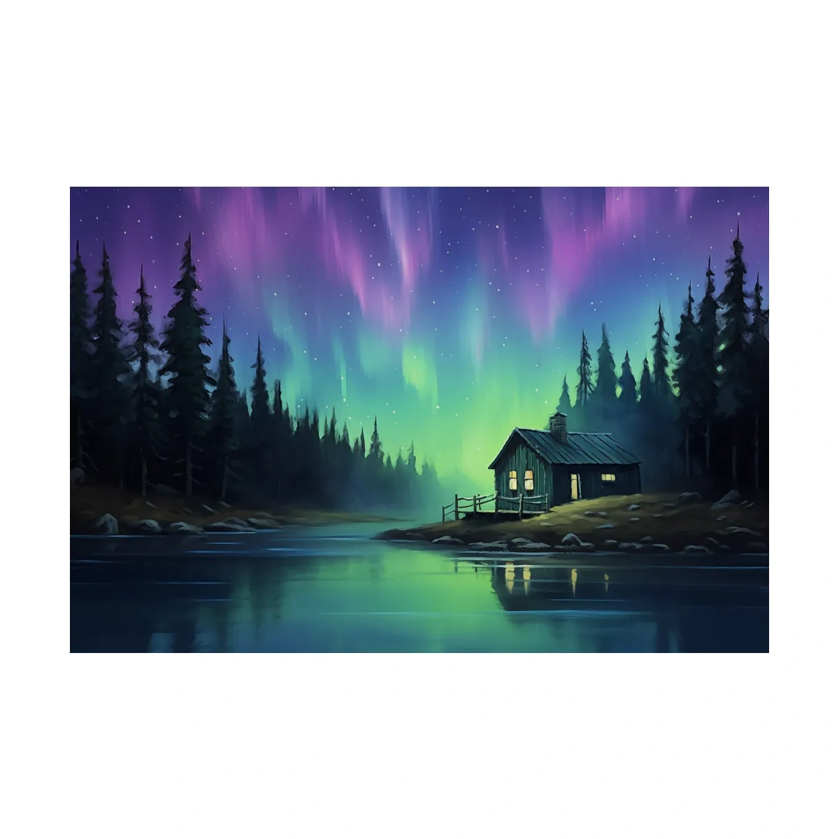 Northern Lights Over Lakeside Cabin Painting - Aurora Borealis Night Wall Art