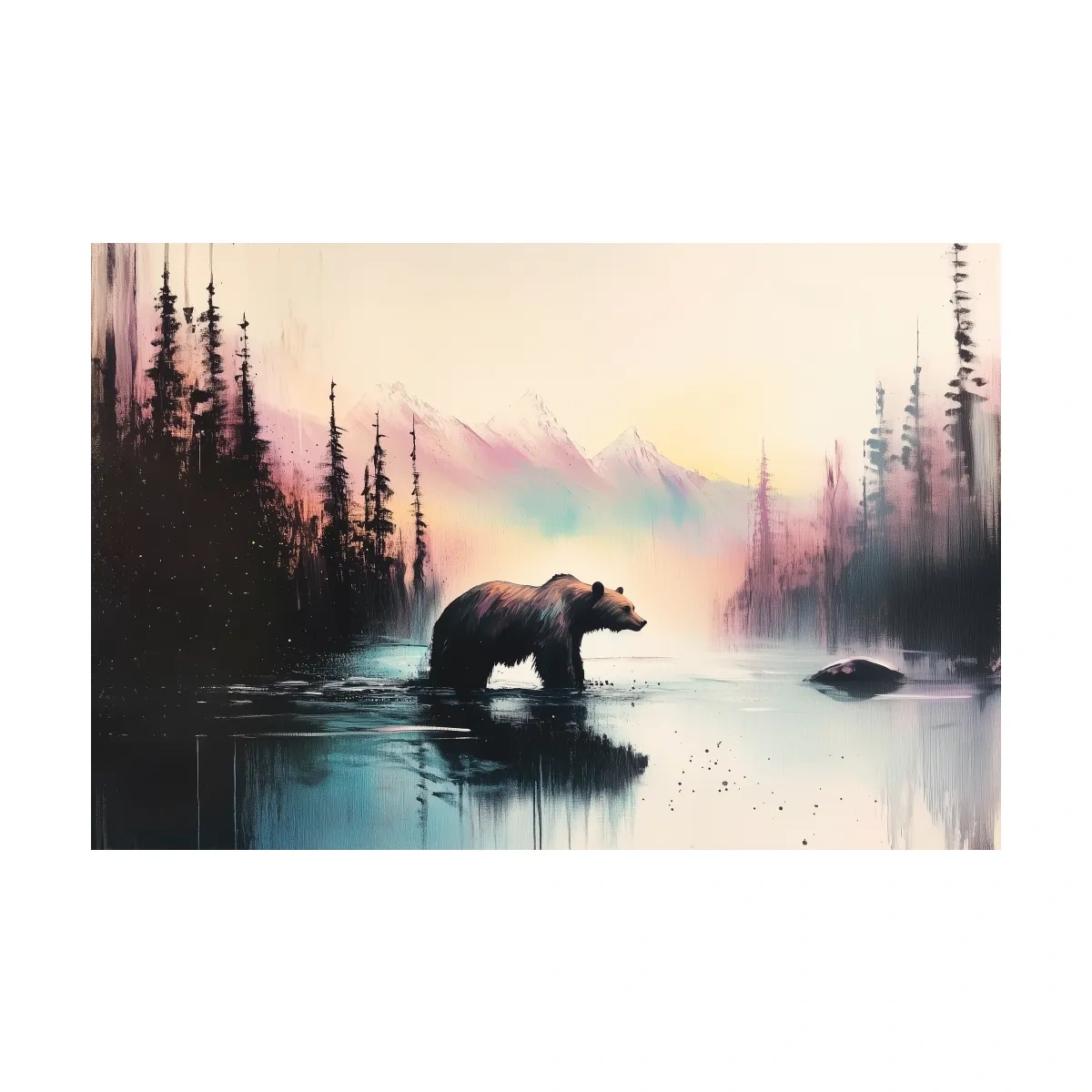 Moody Watercolor Grizzly Bear Lake Reflection - Misty Mountain Wilderness Wall Art