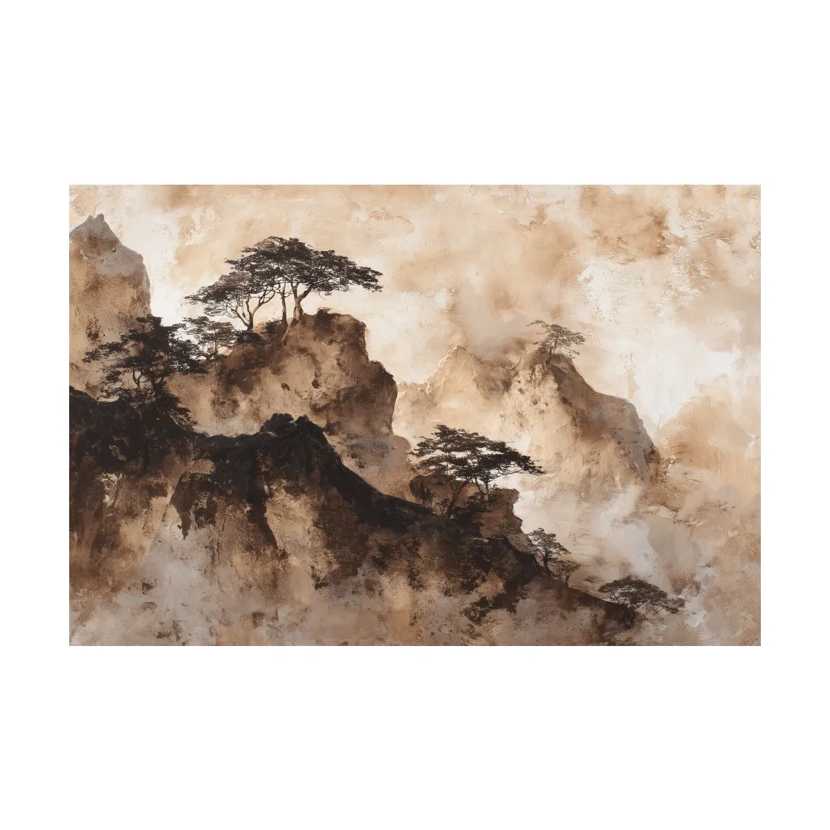 Sepia Japandi Mountain Ridge Painting - Atmospheric Ink Wash Art
