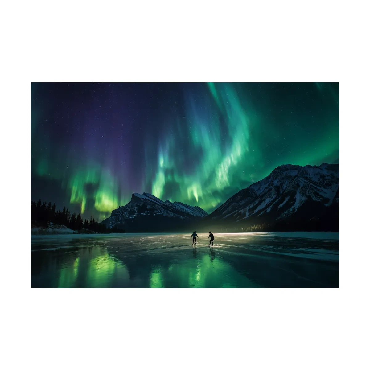 Ice Skaters Under Vibrant Northern Lights - Aurora Borealis Photographic Wall Art