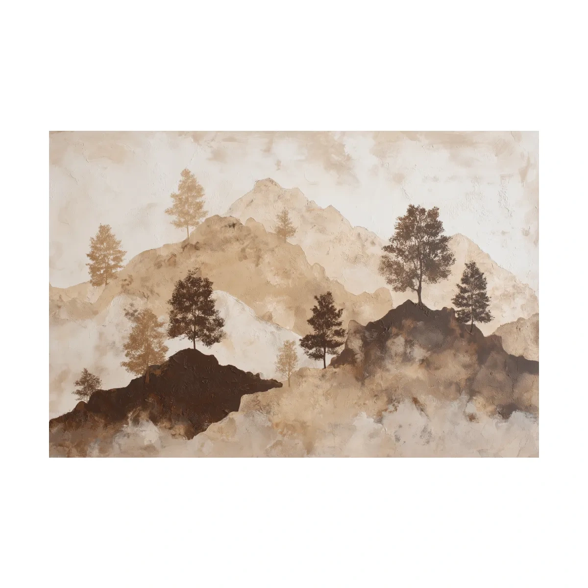 Wabi-Sabi Mountain Tree Silhouettes Painting - Minimalist Landscape Wall Art