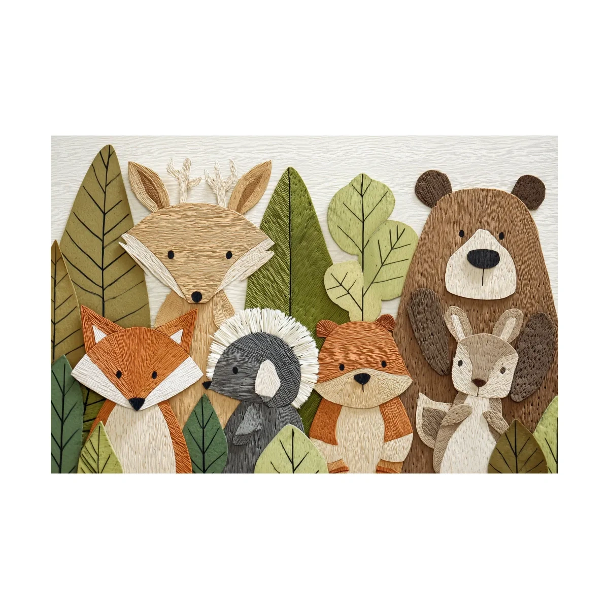 Woodland Animal Nursery Decor - Cute Forest Animals Embroidery Style Wall Art