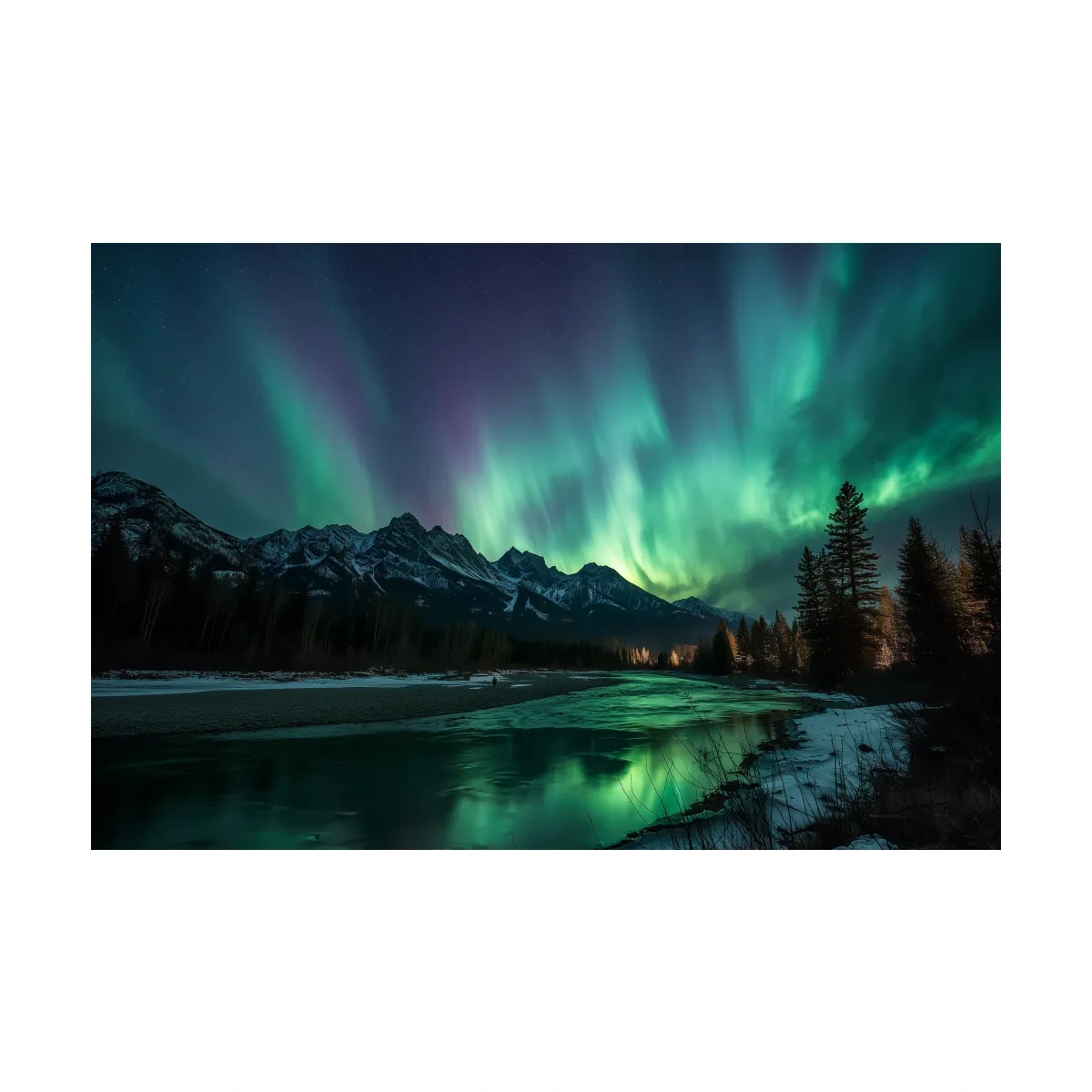 Vibrant Green Northern Lights Over Frozen Lake - Aurora Borealis Landscape Wall Art