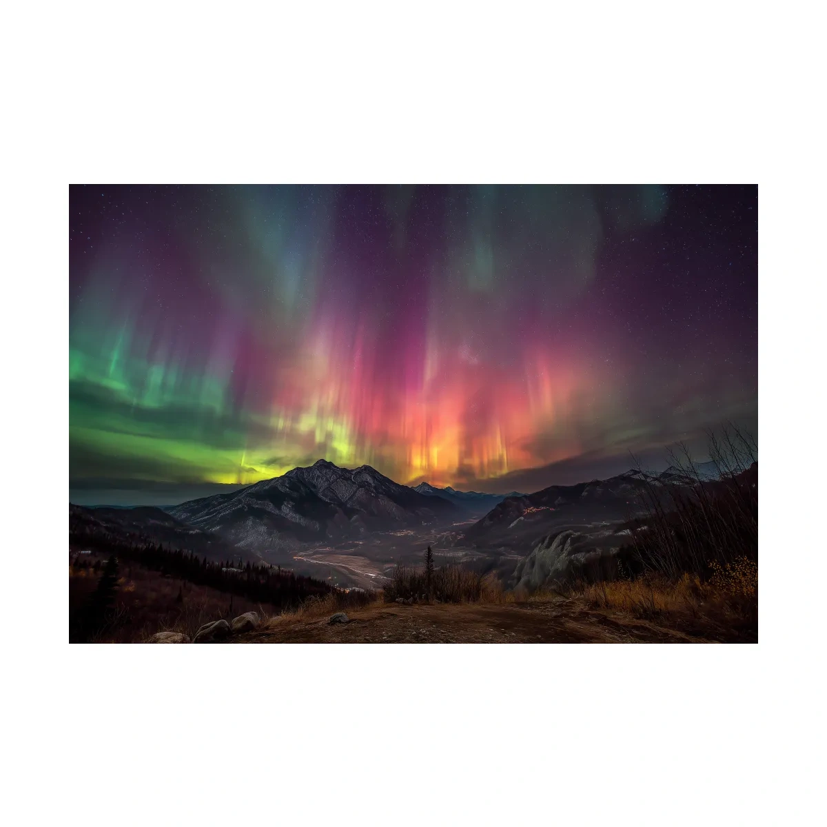 Vibrant Aurora Borealis Over Mountain Range - Colorful Northern Lights Landscape Wall Art