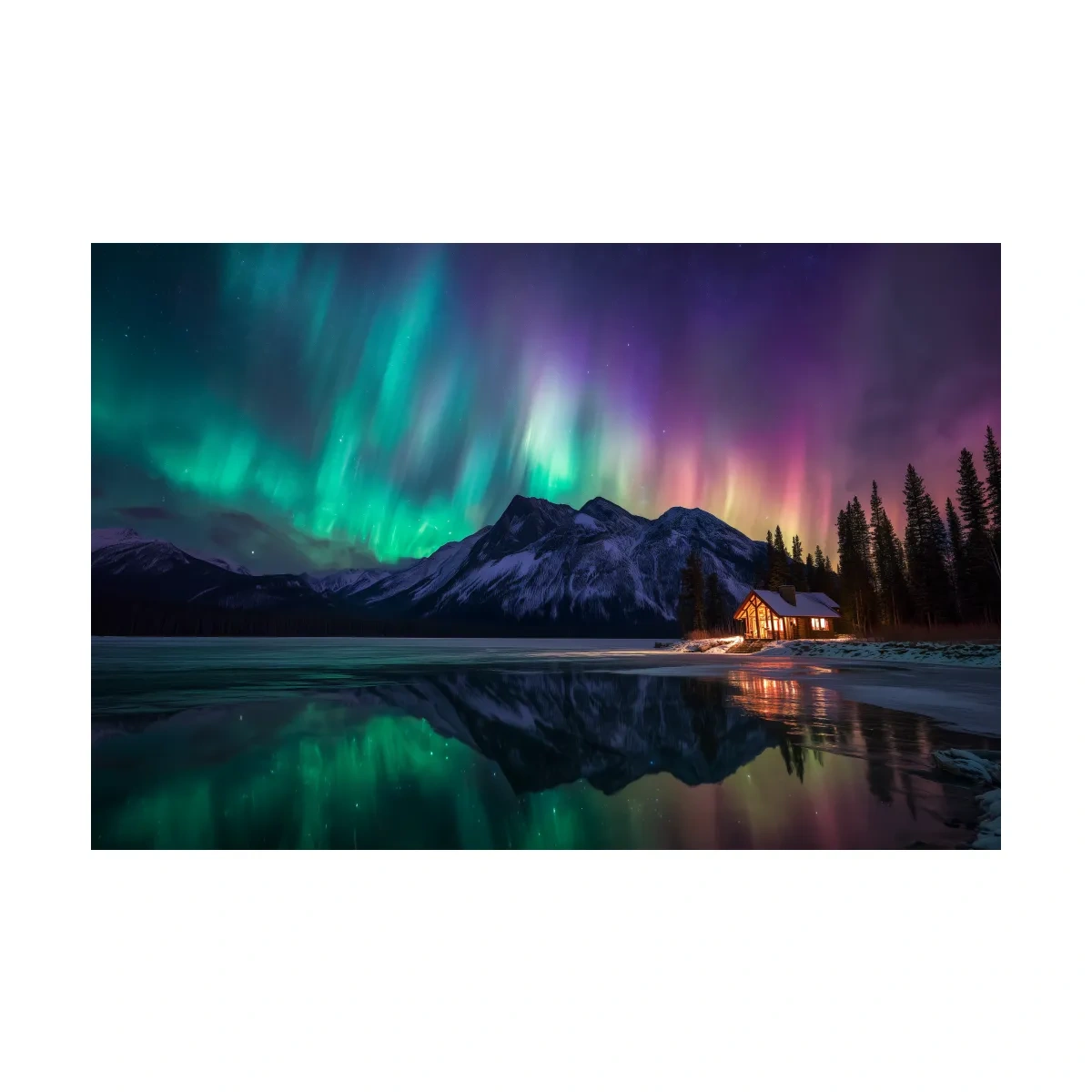 Vibrant Northern Lights Over Mountain Lake Cabin - Aurora Borealis Landscape Wall Art