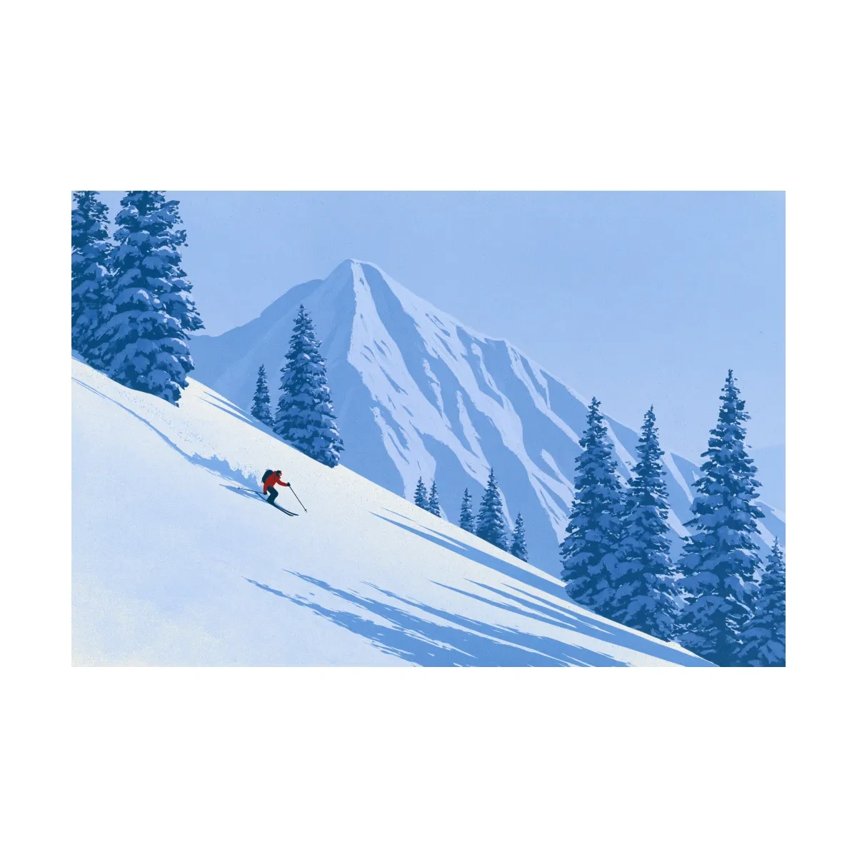 Minimalist Snowy Mountain Skier Landscape - Winter Alpine Illustration Wall Art