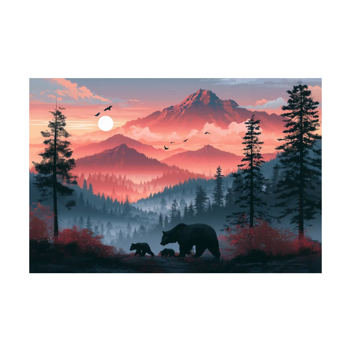 Sunset Mama Bear & Cubs Silhouette - Forest Wildlife Wall Art