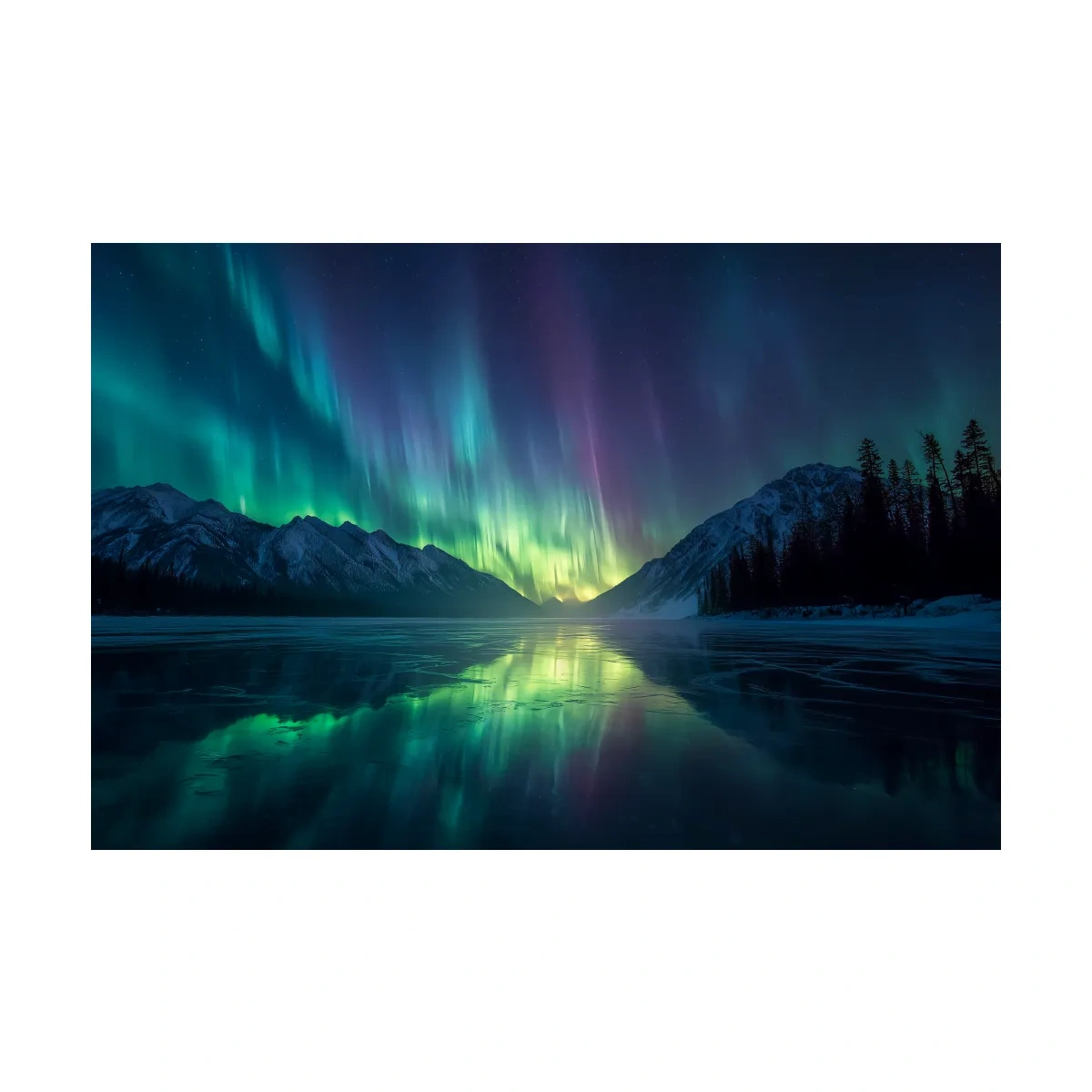 Vibrant Northern Lights Over Icy Mountain Lake - Aurora Borealis Wall Art