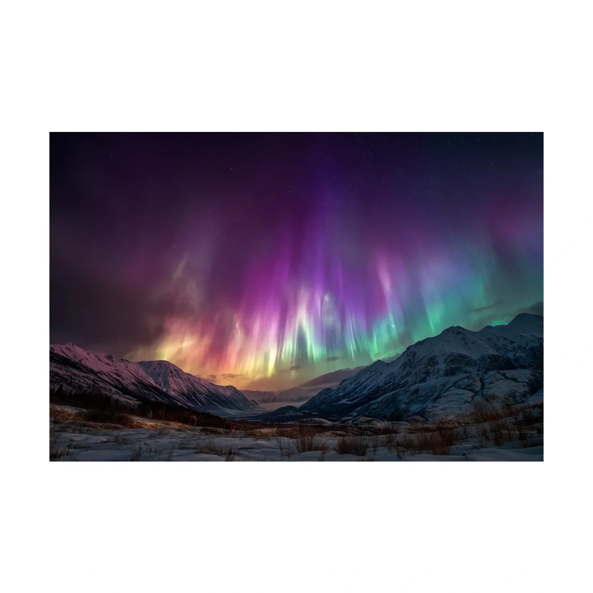 Vibrant Aurora Borealis Over Snowy Mountains - Northern Lights Night Sky Wall Art