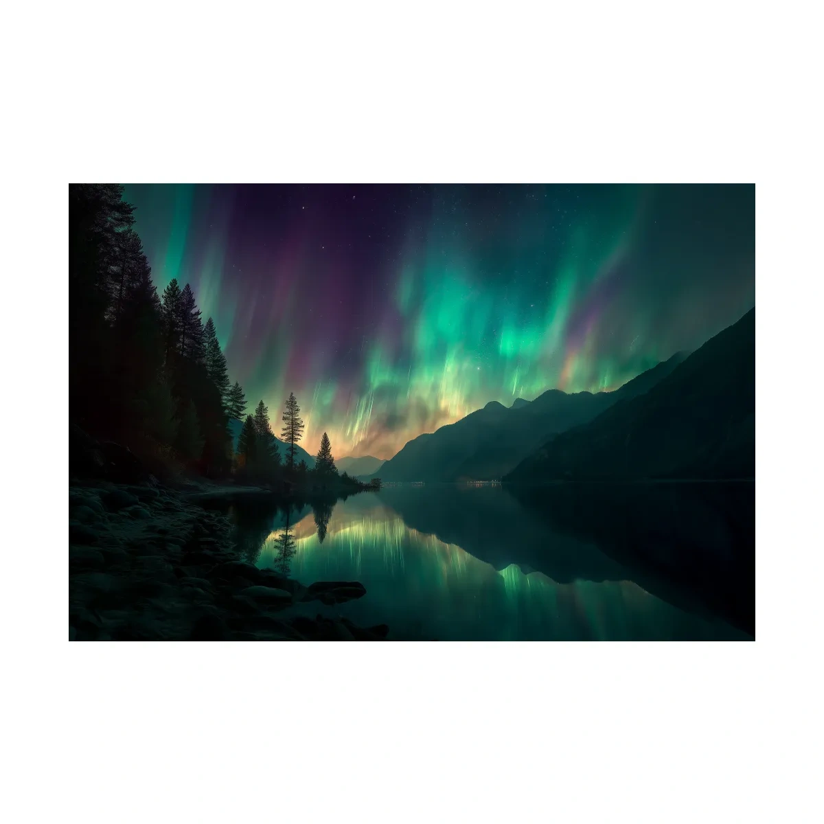 Vibrant Northern Lights Lake Reflection - Aurora Borealis Mountain Wall Art