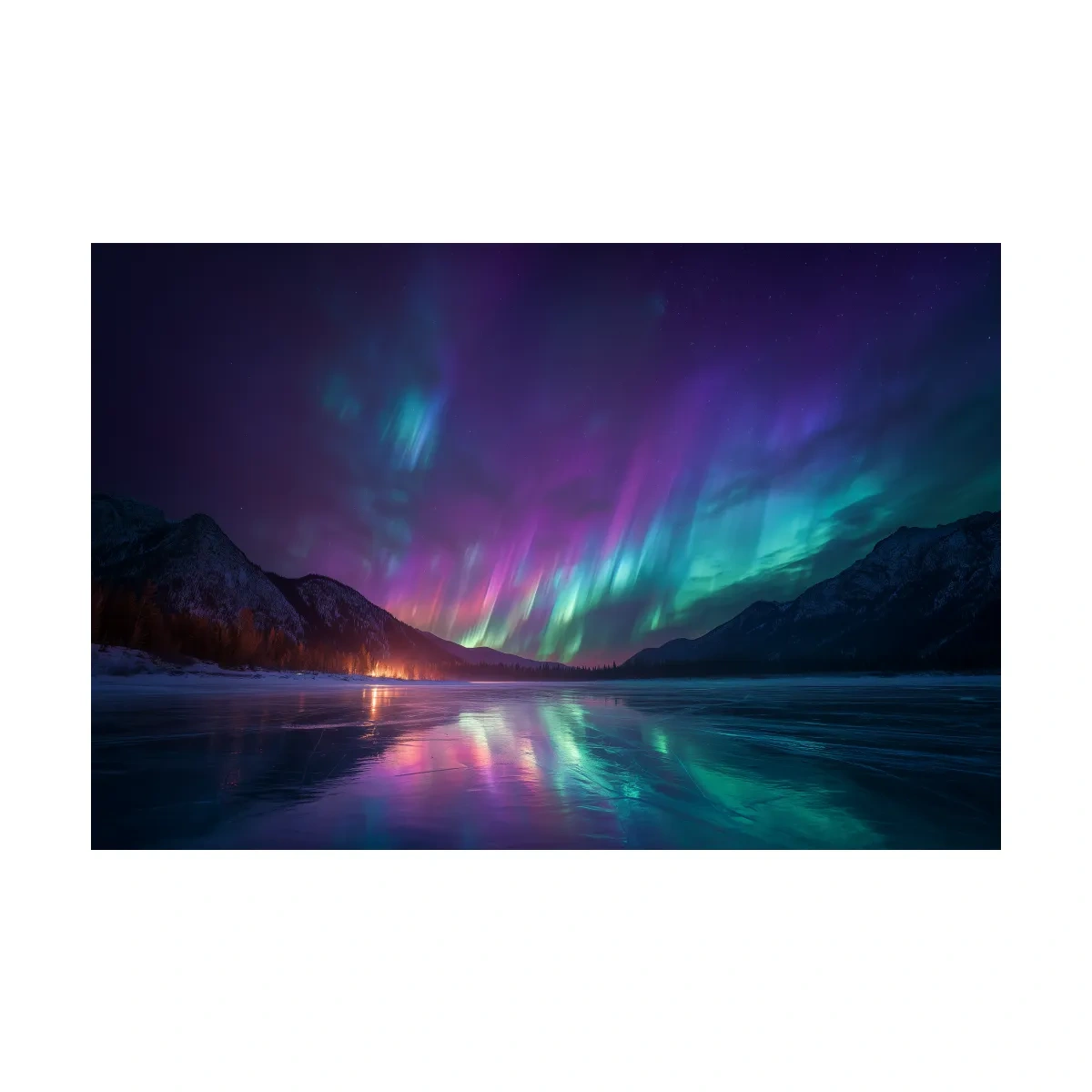 Vibrant Aurora Borealis Over Frozen Lake - Northern Lights Mountain Wall Art