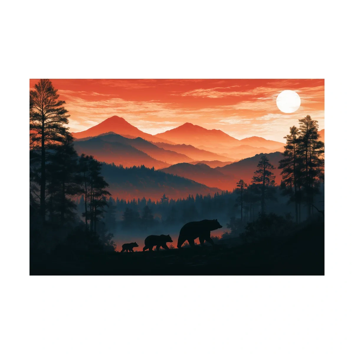 Mountain Sunset Bear Family Silhouettes - Wilderness Landscape Artwork