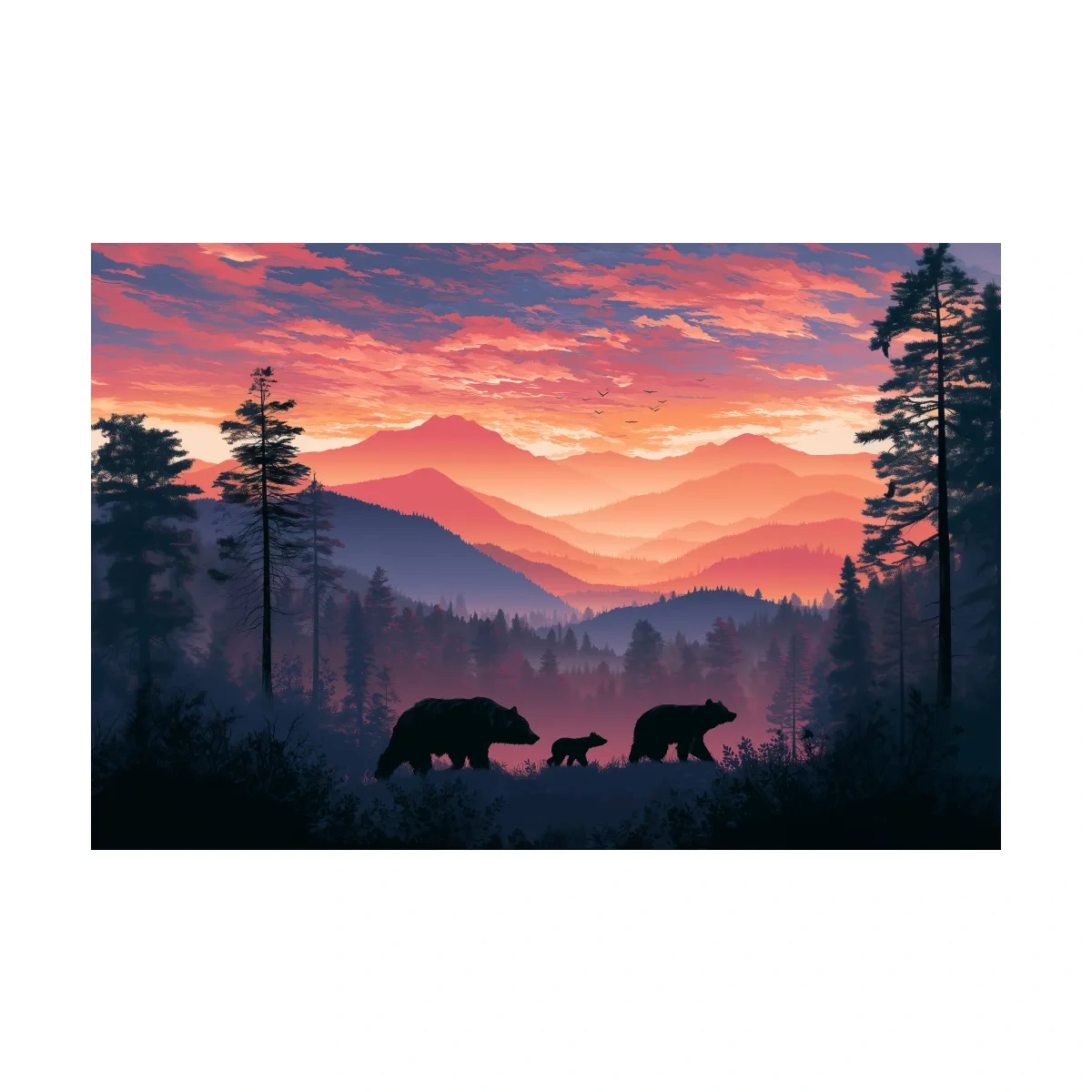 Moody Sunset Mountain Bear Family Silhouettes - Wildlife Wall Art