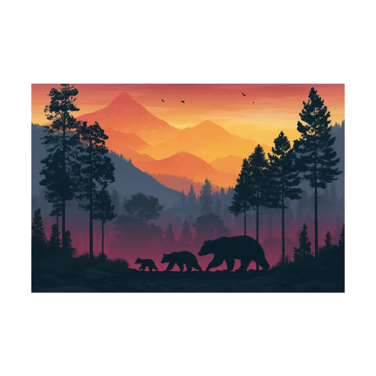 Sunset Momma Bear & Cubs Silhouette - Forest Wildlife Wall Art
