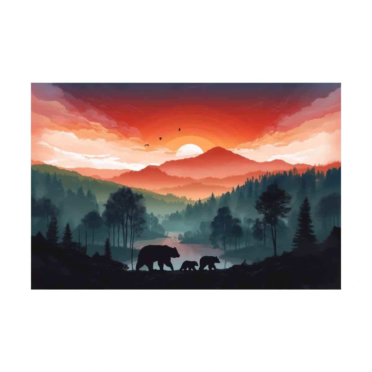 Sunset Bear Family Silhouette Landscape - Misty Mountain Forest Wall Art