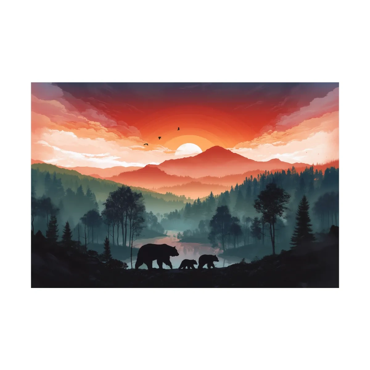 Sunset Bear Family Silhouette Landscape - Misty Mountain Forest Wall Art