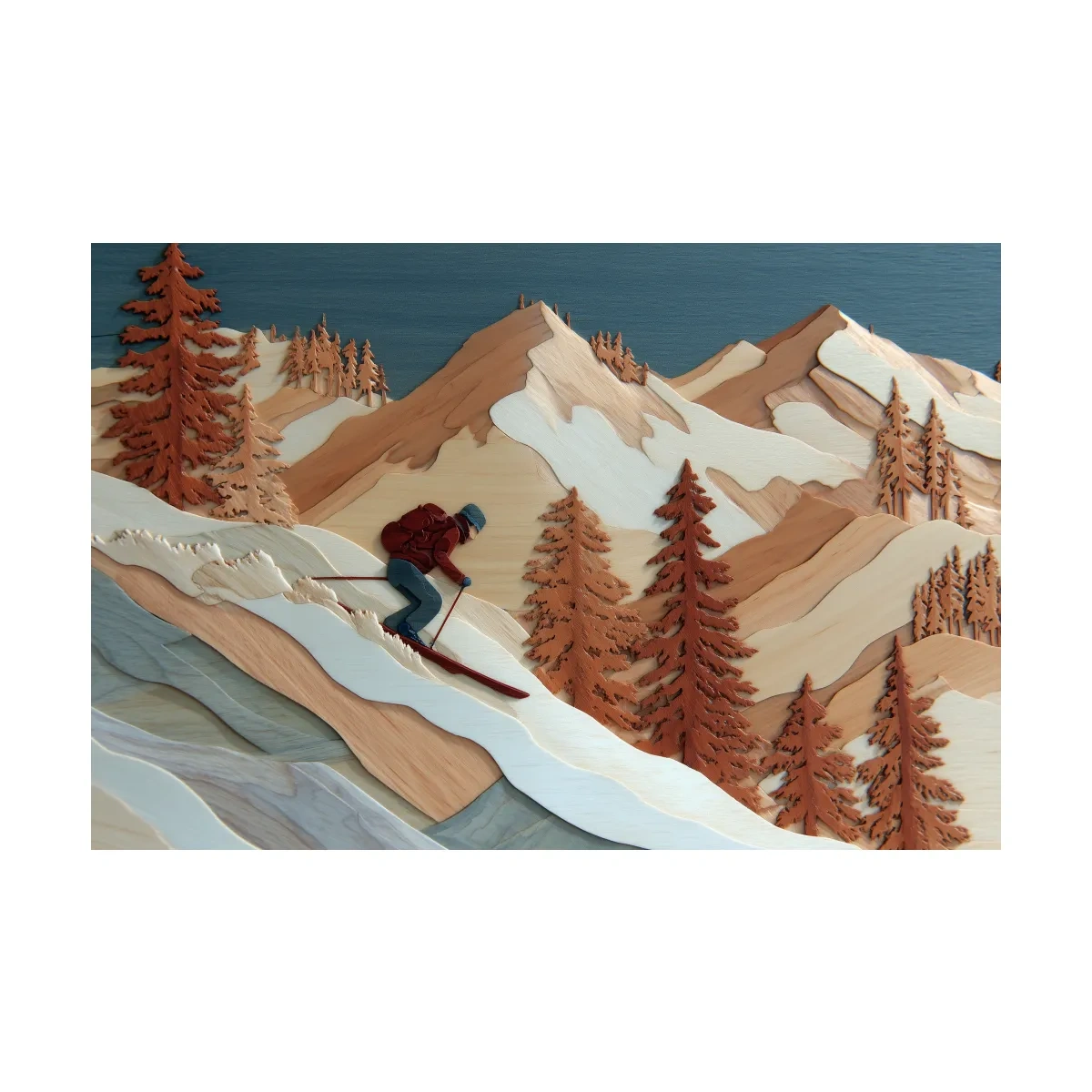 Wood Intarsia Style Skier Mountain Scene - Winter Alpine Wall Art