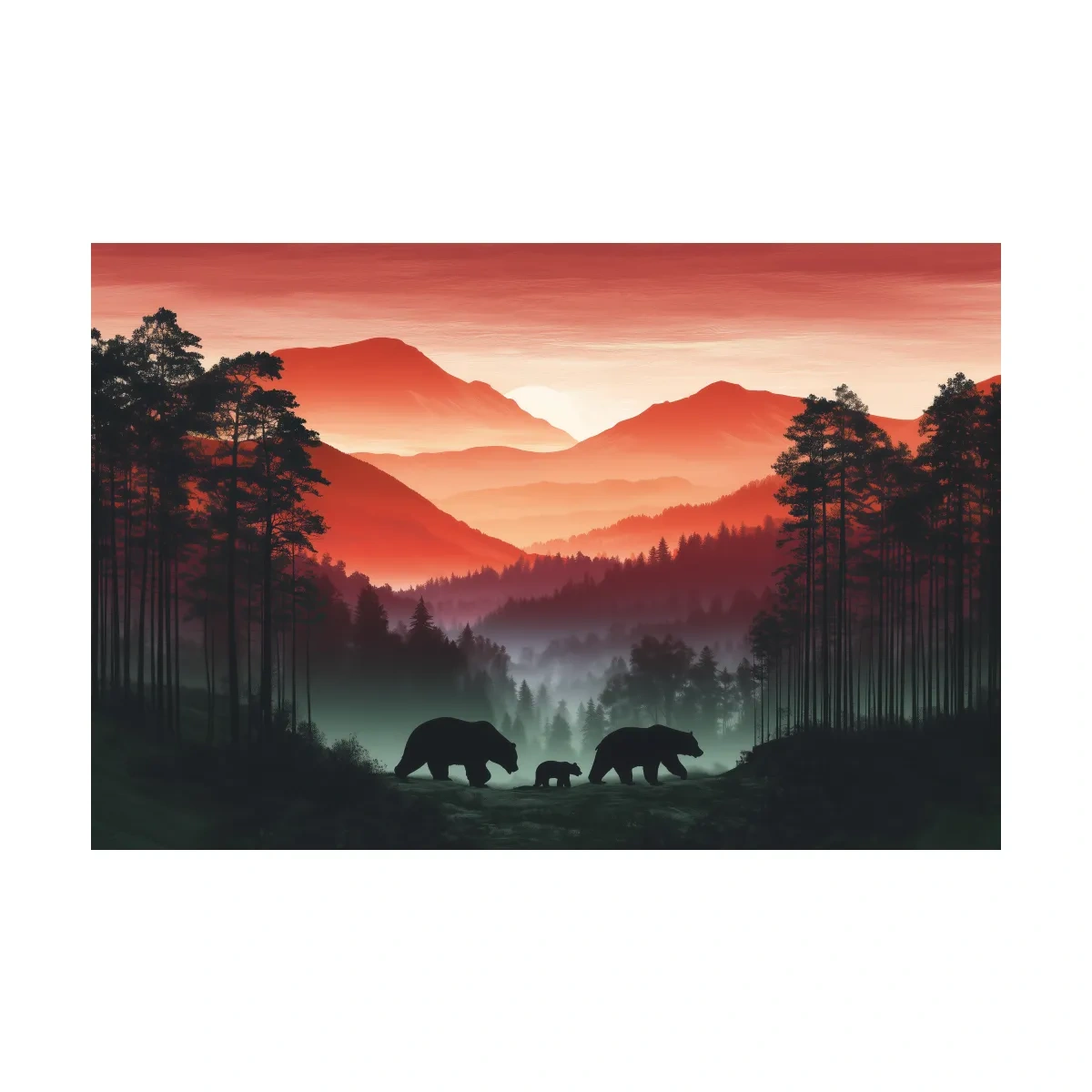 Moody Sunset Mountain Bear Family Silhouettes - Misty Forest Wildlife Wall Art