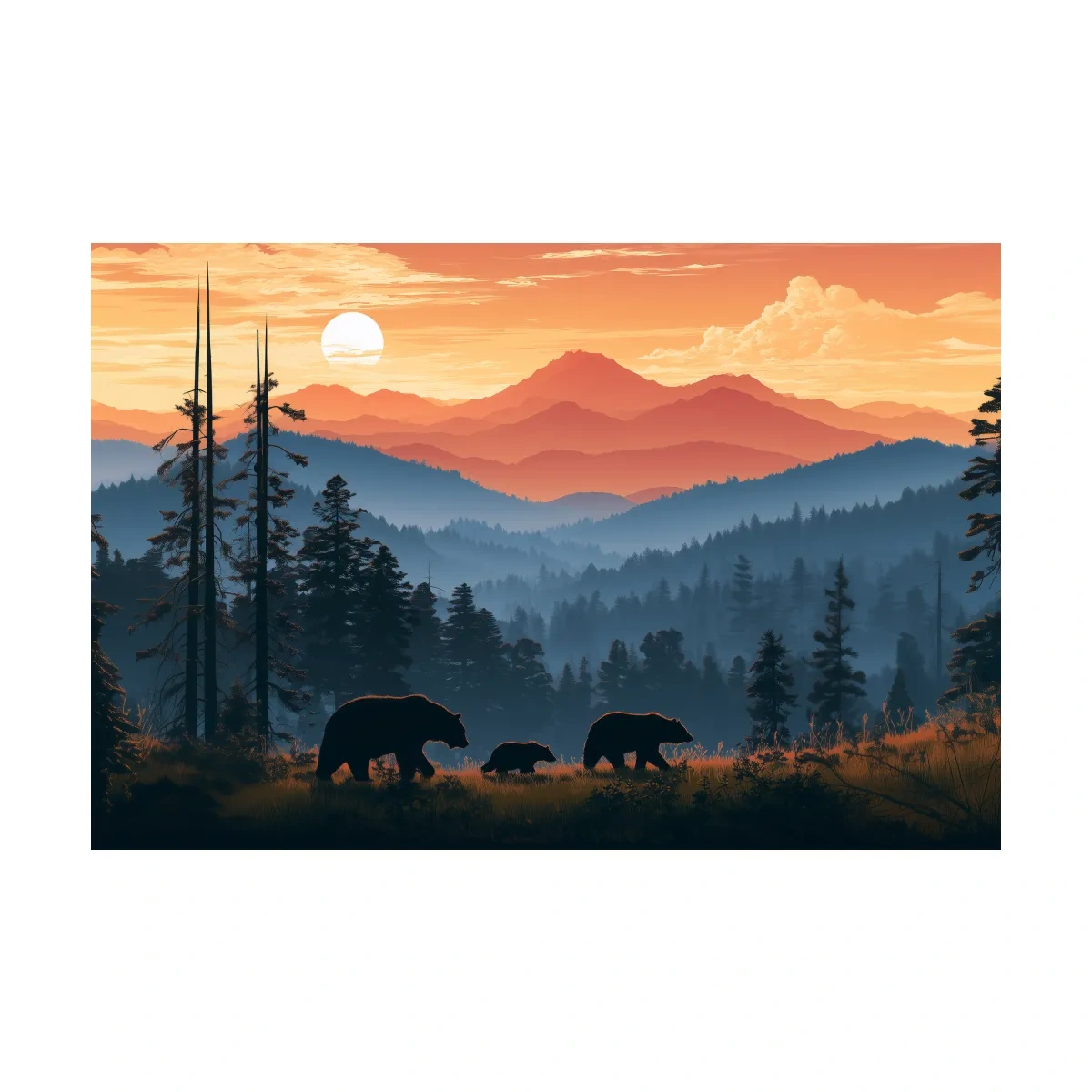 Bear Family Silhouettes - Mountain Sunset Wildlife Wall Art