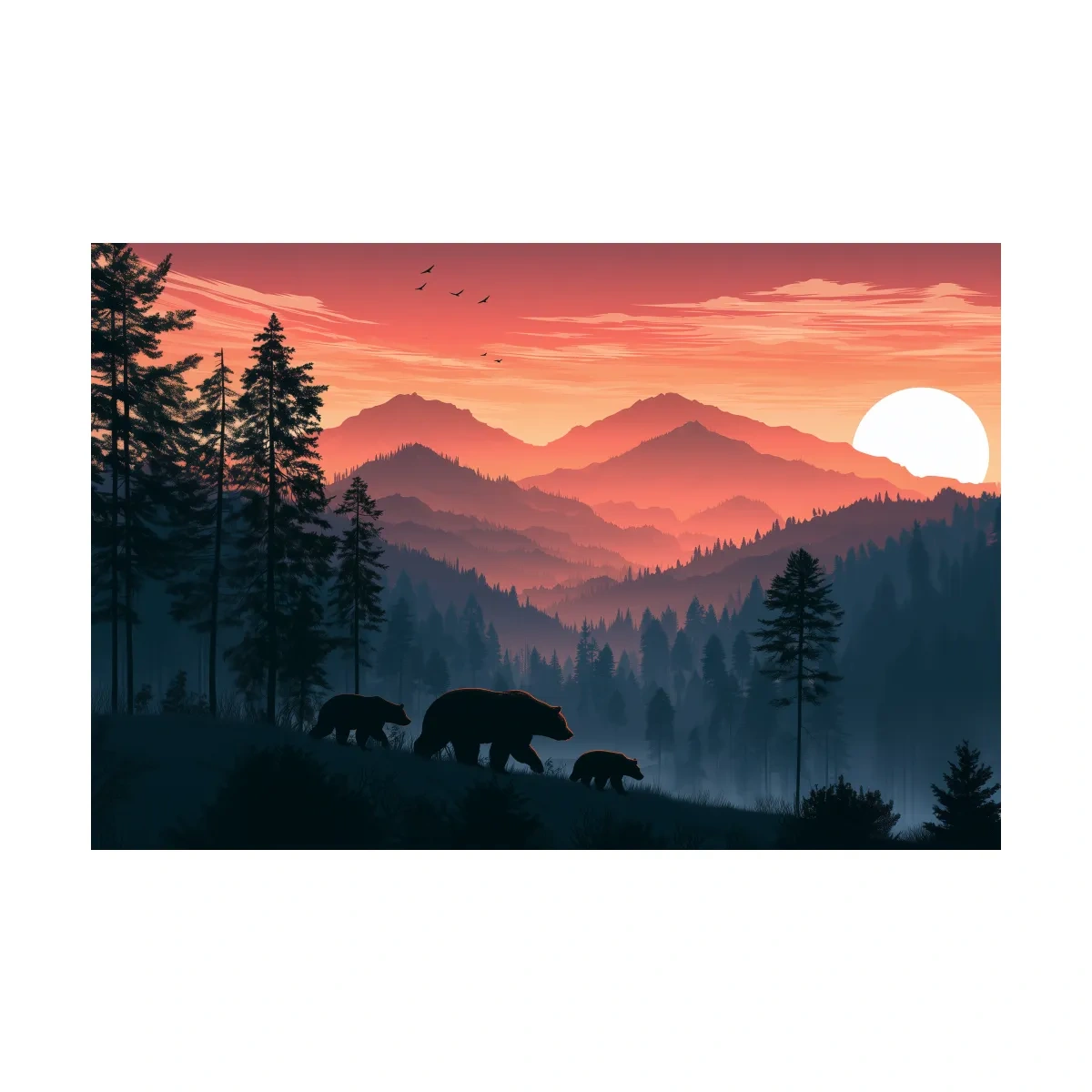 Bear Family Silhouette Mountain Sunset - Wildlife Landscape Wall Art