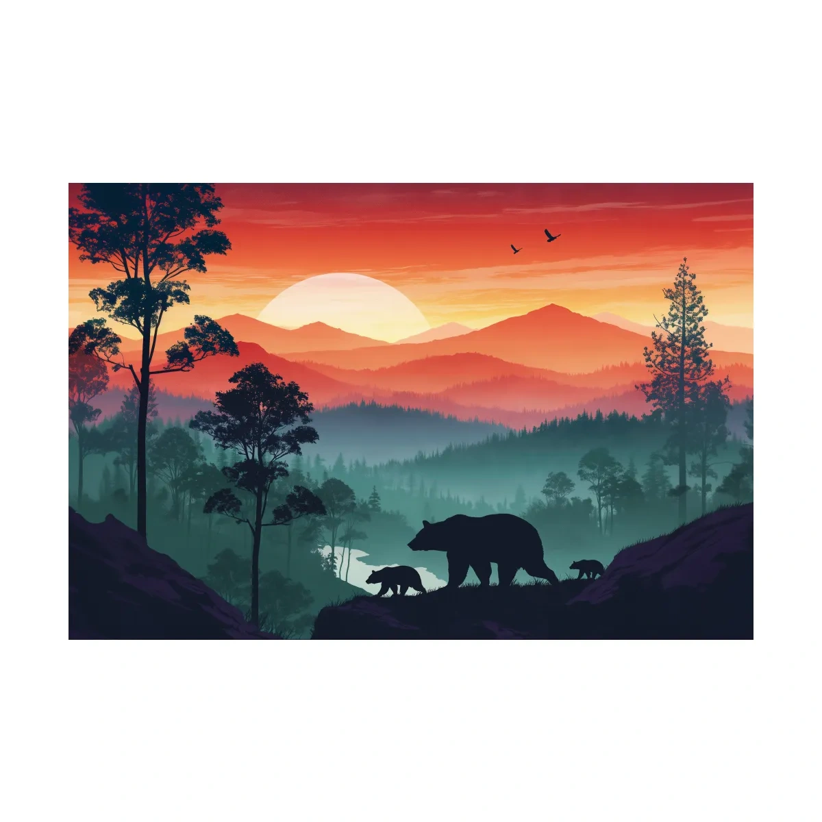 Sunset Mama Bear & Cubs Silhouette - Misty Forest Landscape Artwork