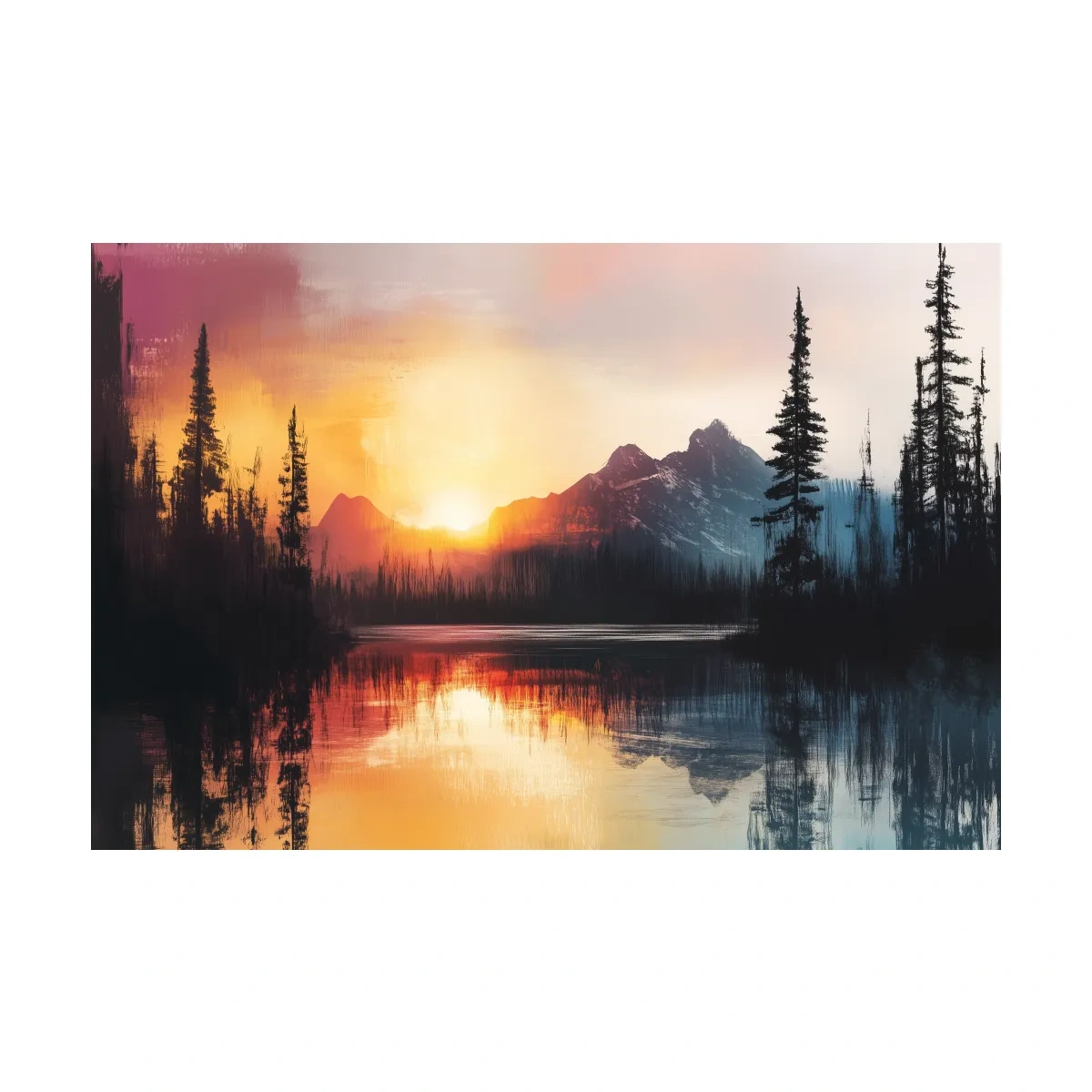 Sunset Mountain Lake Reflection Painting - Dramatic Pine Forest Landscape Wall Art