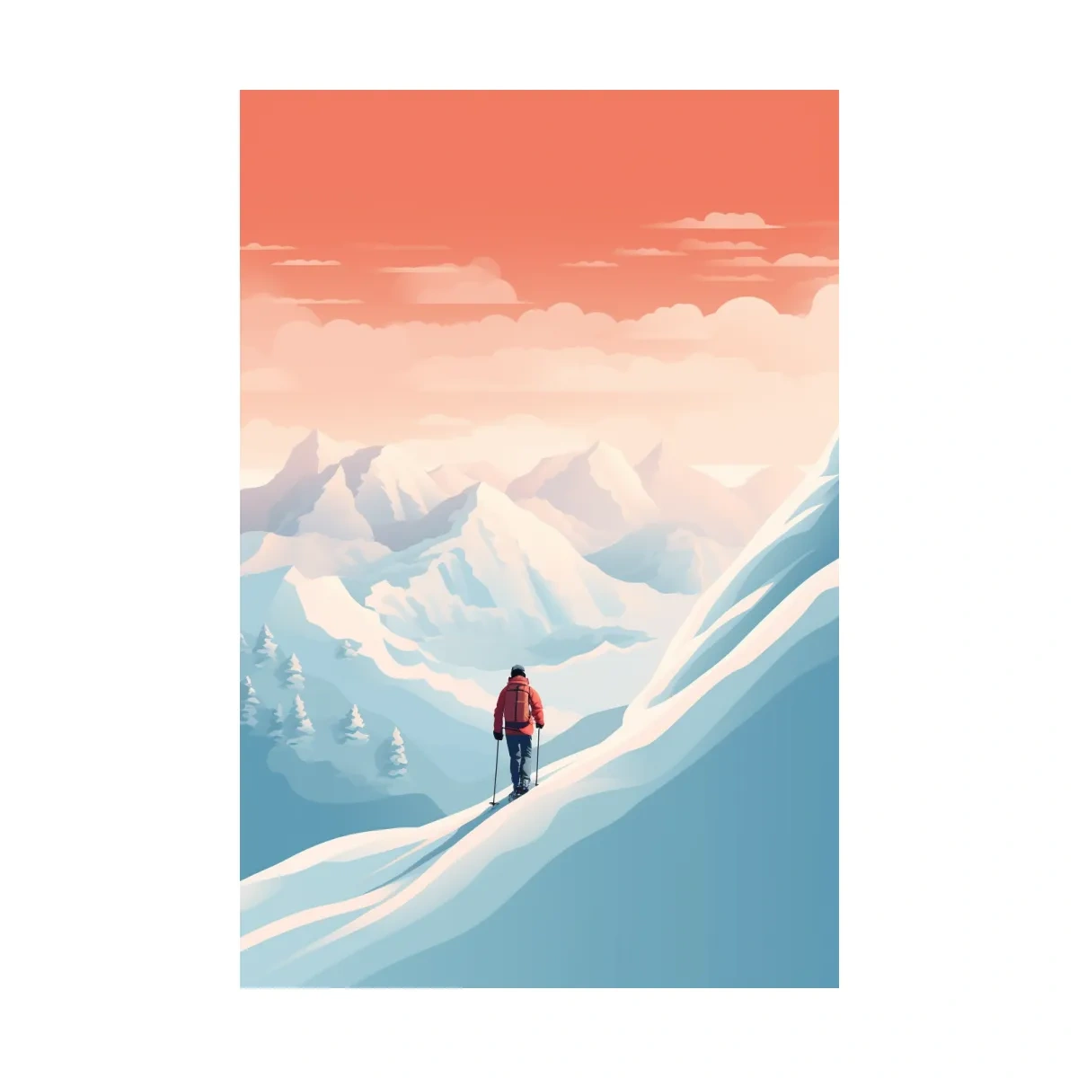 Backcountry skier in the mountains at sunset, minimal vector artwork
