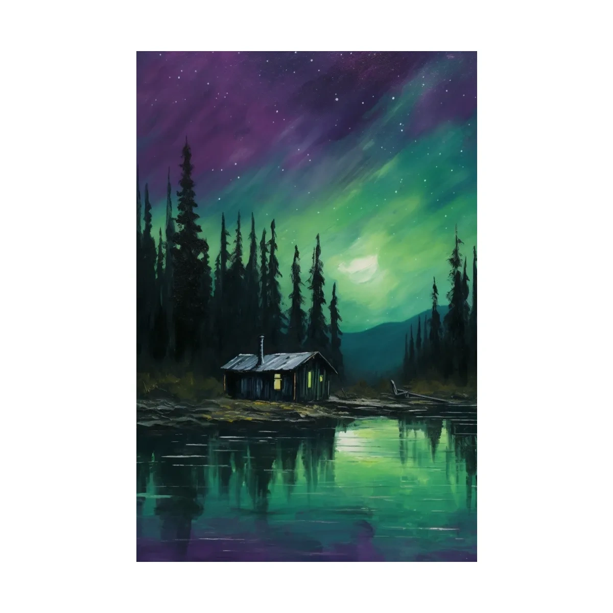 Painting of cabin by a lake under the northern lights night sky