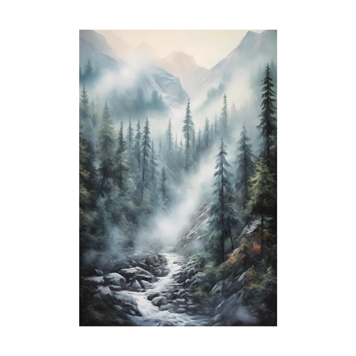 Painting of a foggy forest mountain and river scene