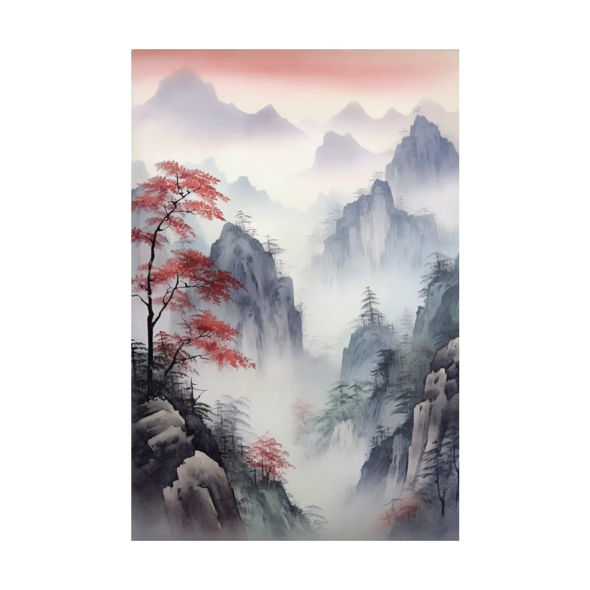 Chinese style ink wash watercolour painting of a foggy mountain scene