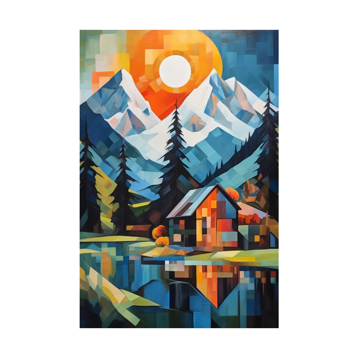 Geometric Alpine Cabin Lake Sunset - Vibrant Impressionist Mountain Wall Art