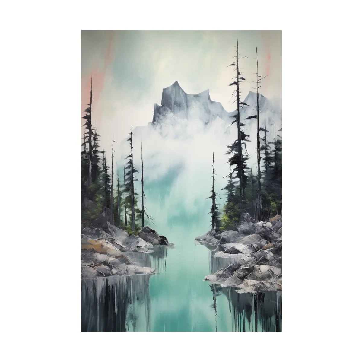 Painting of a turquoise alpine lake and mountain in the fog